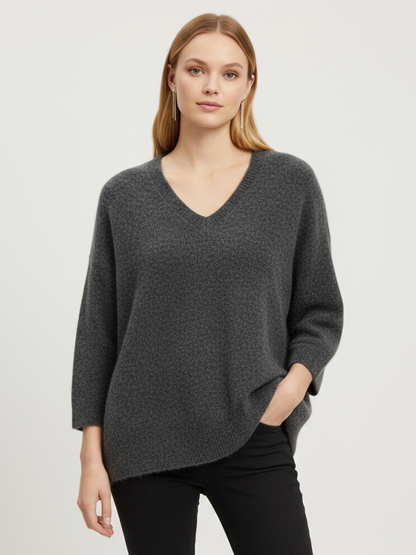 Женский свитер оверсайз с V-образным вырезом и ворсом цвета древесного угля - удобная повседневная одежда на заказ