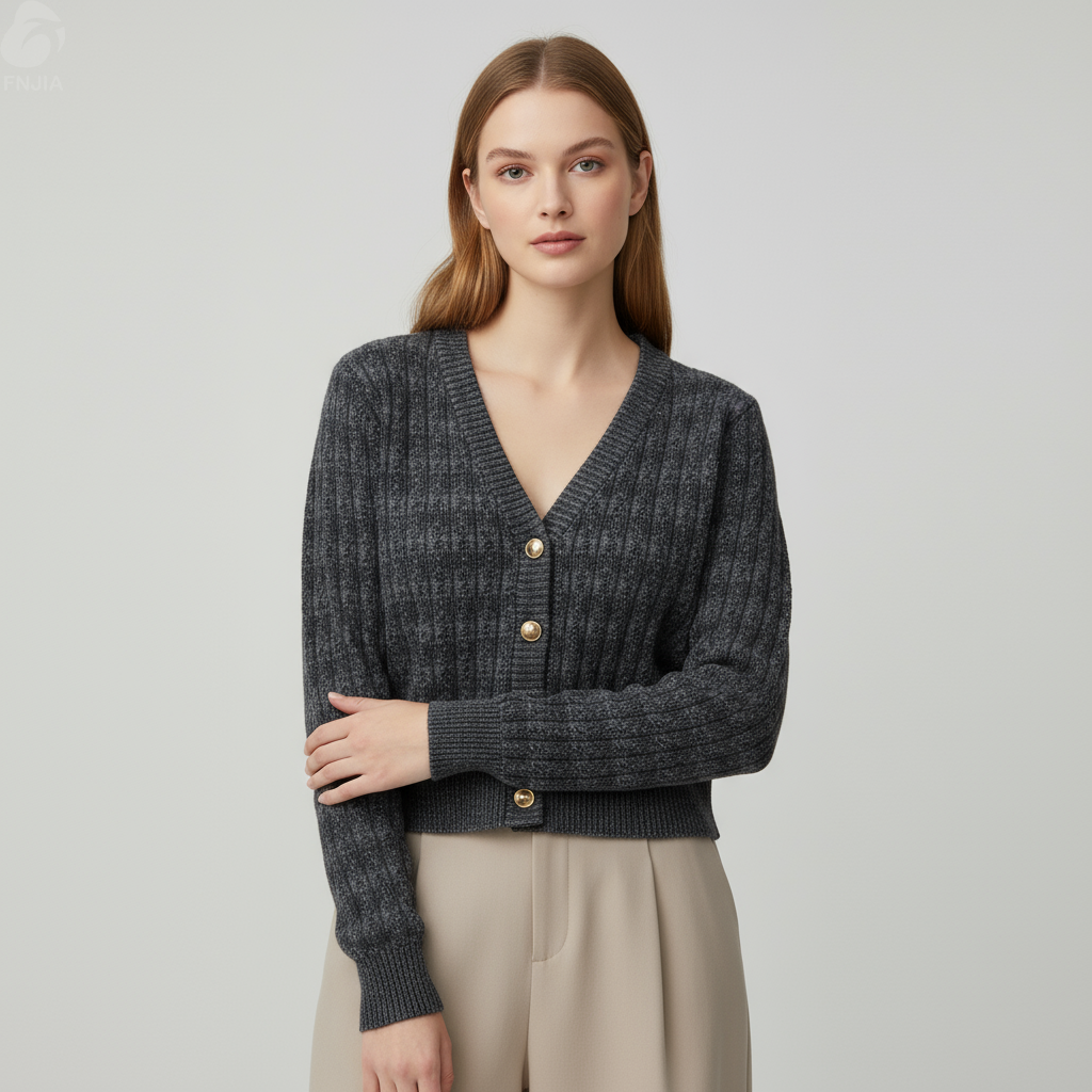Женский укороченный кардиган из трикотажа в рубчик с V-образным вырезом - современная элегантная повседневная одежда на заказ