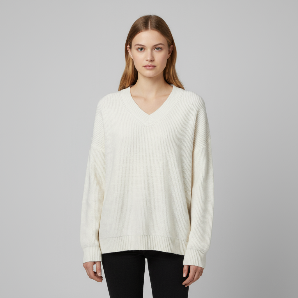 Женский свитер оверсайз в рубчик цвета слоновой кости с V-образным вырезом в рубчик - Универсальная одежда для повседневной жизни на заказ