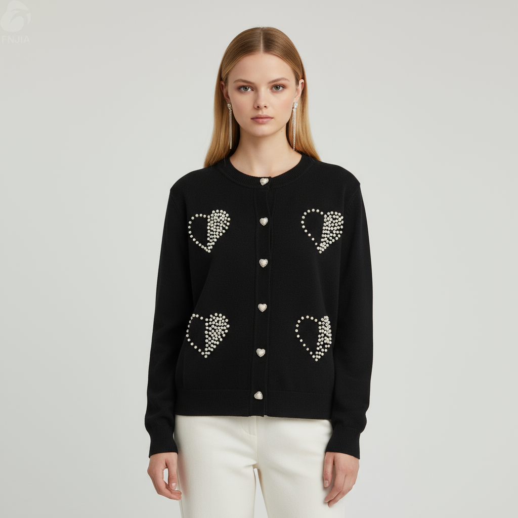Женский черный вязаный кардиган с жемчужными сердечками - Игривая одежда на заказ