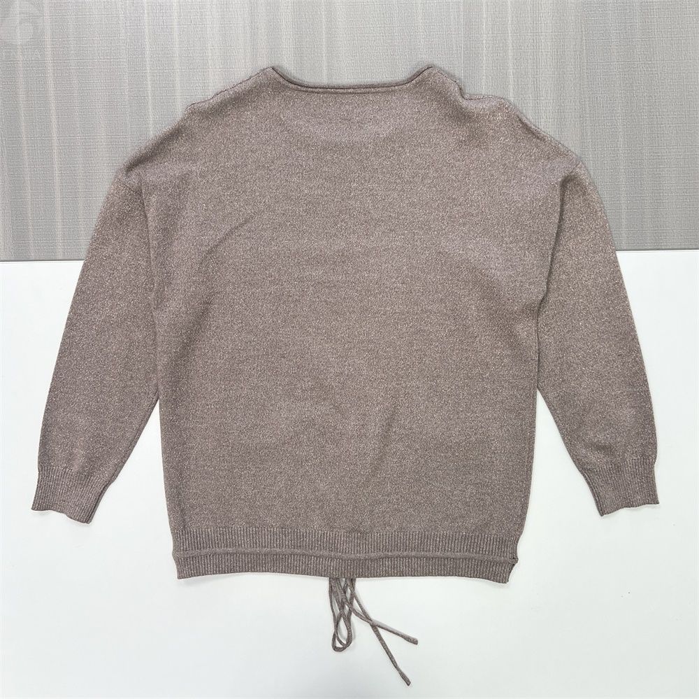 Женский темно-серый свитер ажурной вязки (круглый вырез горловины, завязки на талии и накладные карманы)