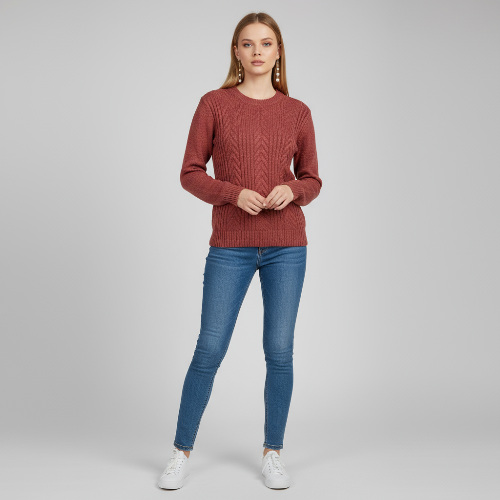 Женский бордовый свитер крупной вязки (круглый вырез, текстурированный шевронный узор)