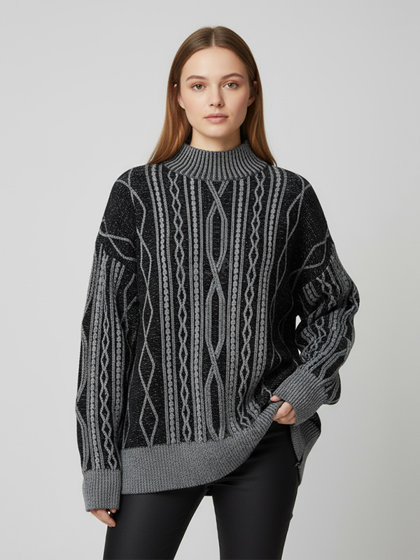 Женский черно-серый свитер-водолазка из плотной вязки с высоким воротом (геометрический узор)