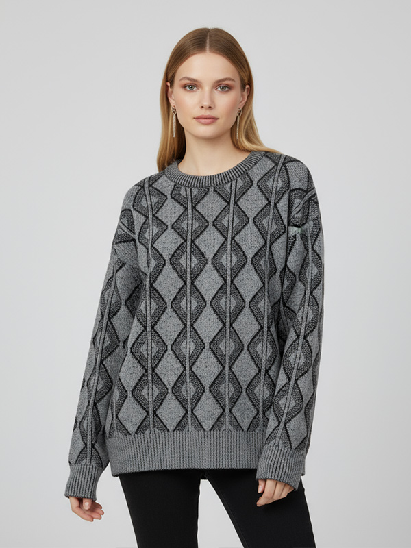 Женский серо-черный вязаный свитер с ромбовидным узором (укороченный крой)
