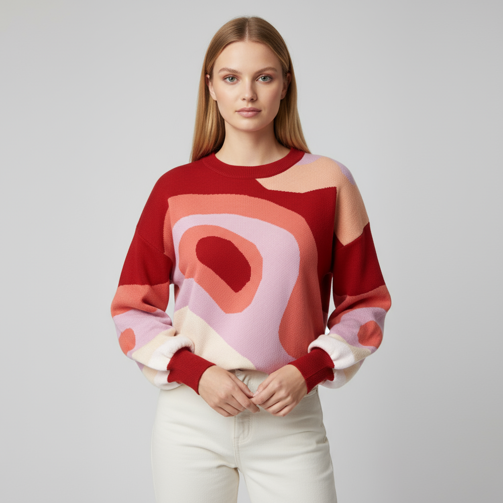 Женский вязаный свитер с многоцветным абстрактным рисунком (красные и пастельные тона)