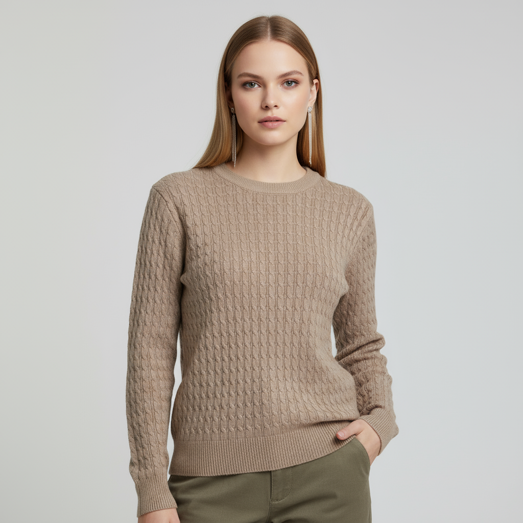 Женский темно-серый свитер с круглым вырезом из трикотажа кабельной вязки (текстурированный узор)