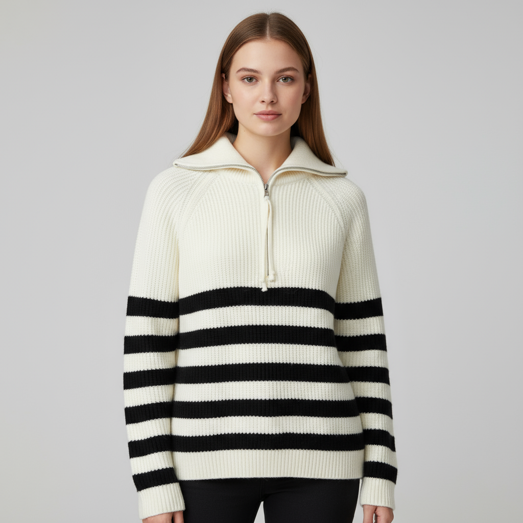 Женский свитер поло из трикотажа в рубчик в полоску цвета слоновой кости и черного цвета с воротником-стойкой на молнии