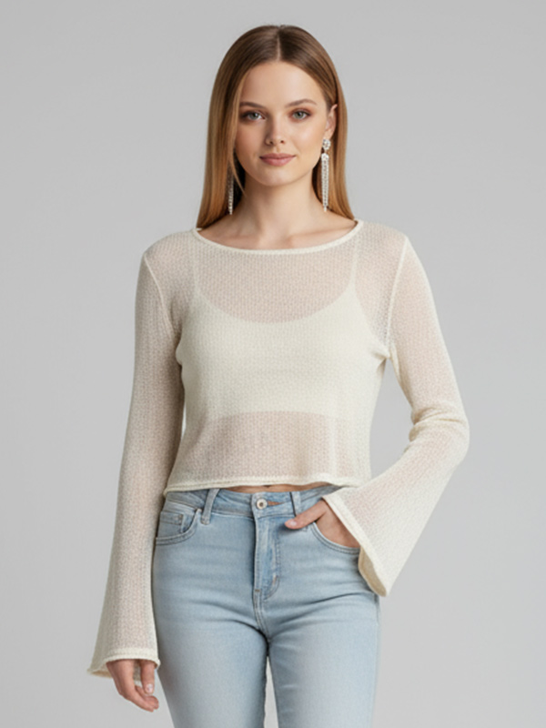 Женский прозрачный трикотажный топ цвета слоновой кости (укороченный крой, расклешенные рукава-клеш и вырез лодочкой)