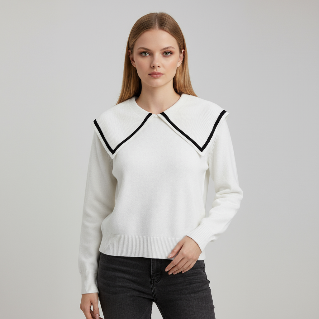 Женский вязаный свитер с белым матросским воротником и черной контрастной отделкой