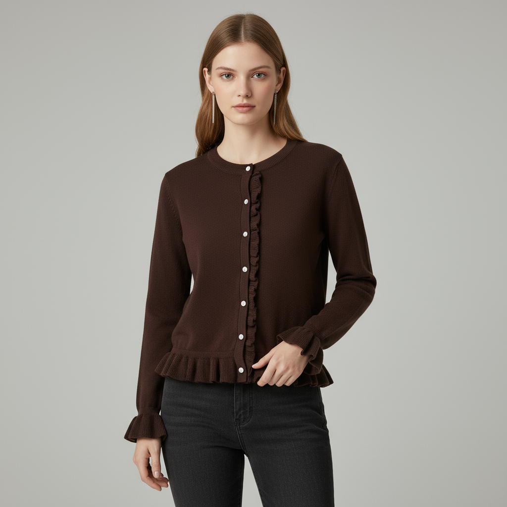 Женский бордовый вязаный кардиган с оборками (круглый вырез горловины, пуговицы спереди и низ/рукава с оборками)