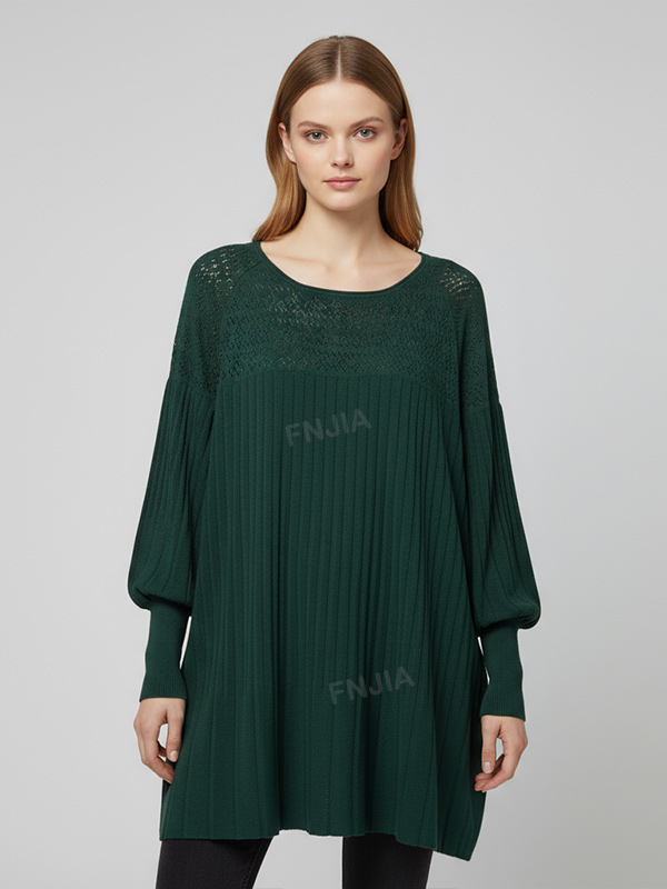 Женская вязаная туника цвета лесного ореха (Оверсайз, плиссированные рукава и ажурные детали)