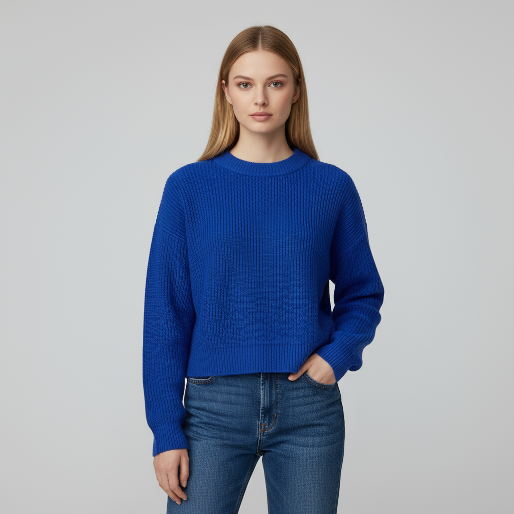 Женский укороченный свитер из трикотажа в рубчик королевского синего цвета (круглый вырез горловины, объемные рукава-лодочки)