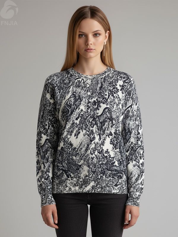 Название продукта: Женский черно-белый вязаный кардиган с принтом лесных животных