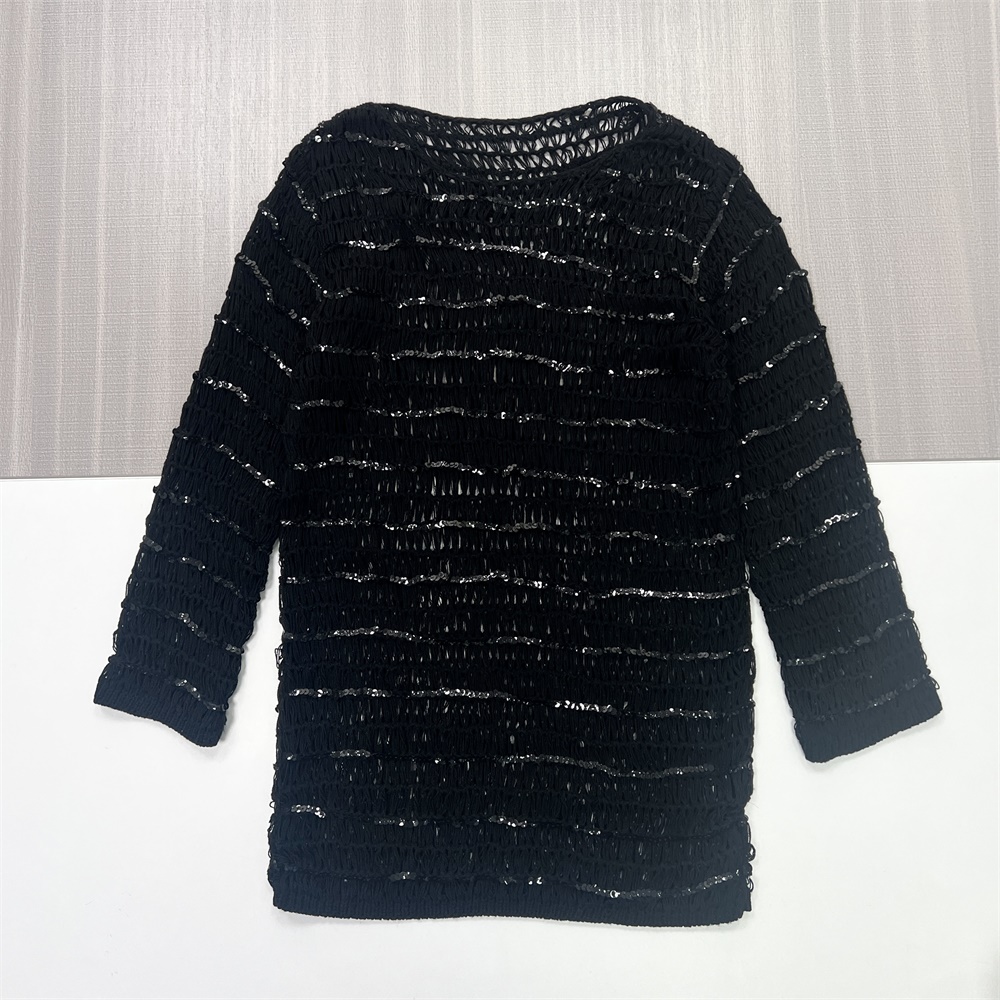 Женская черная вязаная туника в полоску с блестками (прозрачная ажурная ткань, круглый вырез горловины и рукав 3/4)