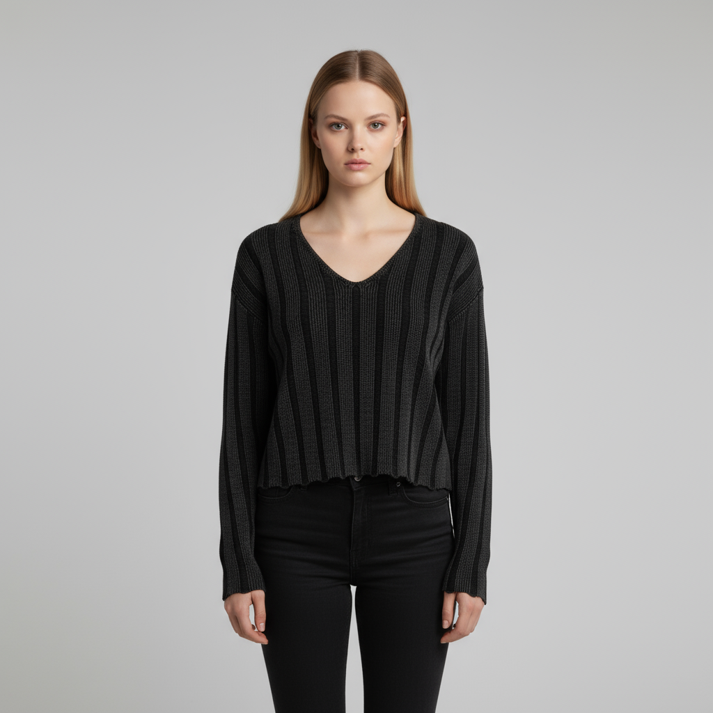 Женский укороченный свитер с V-образным вырезом в рубчик в угольную полоску
