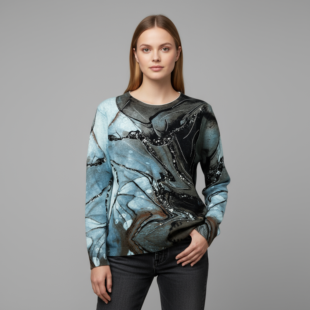 Женский вязаный свитер с мраморным узором и украшениями из блесток и бисера