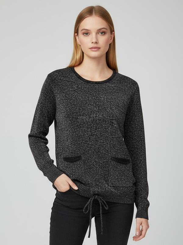 Женский вязаный свитер черного цвета с блестками (круглый вырез, накладные карманы и низ на завязках)