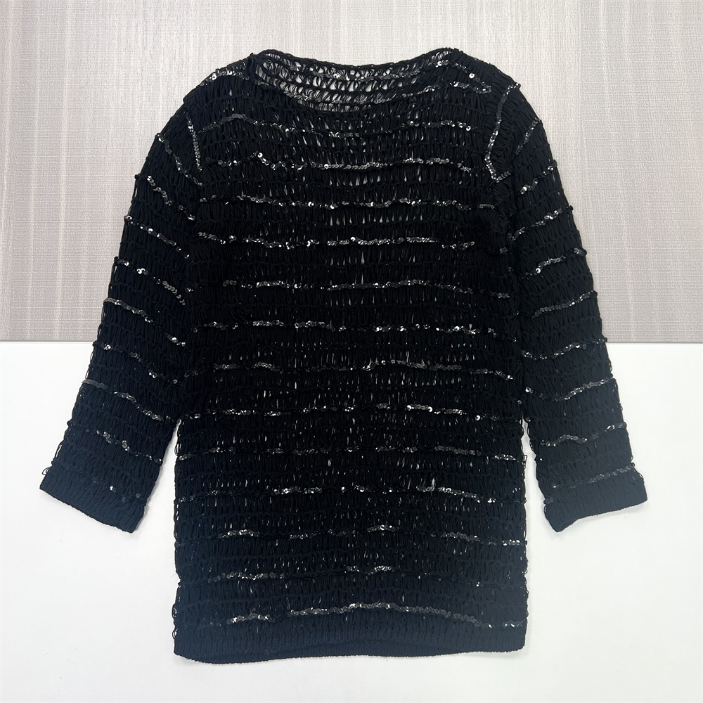 Женская черная вязаная туника в полоску с блестками (прозрачная ажурная ткань, круглый вырез горловины и рукав 3/4)