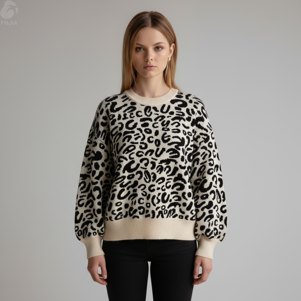 Женский вязаный свитер кремового и черного цветов с леопардовым принтом (круглый вырез горловины, объемные пышные рукава)