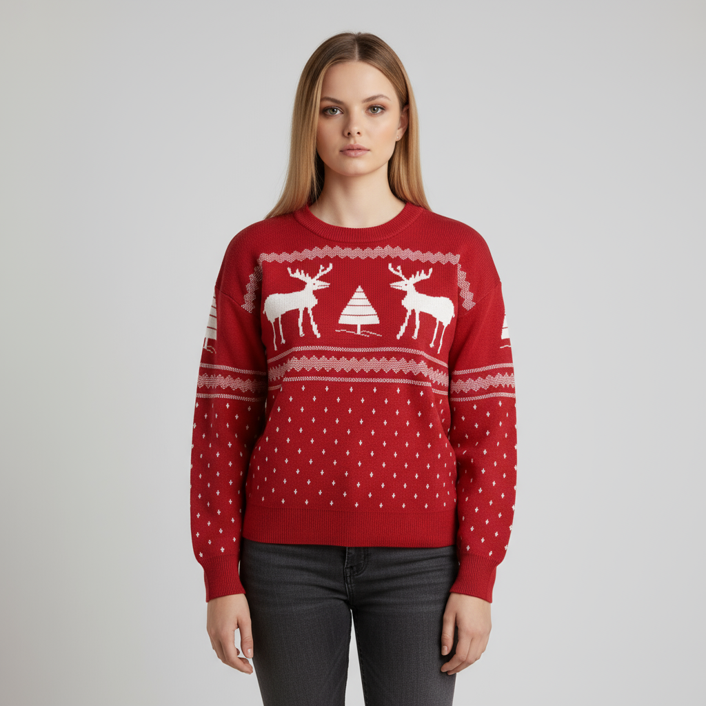 Женский красный вязаный свитер с принтом рождественского оленя и елки