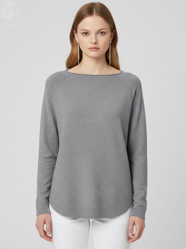 Женский вязаный топ из вереска серого цвета с вырезом лодочкой (свободный крой, закругленный низ)