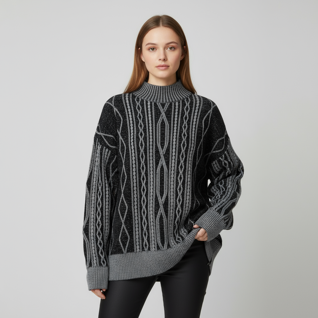 Женский черно-серый свитер-водолазка из плотной вязки с высоким воротом (геометрический узор)