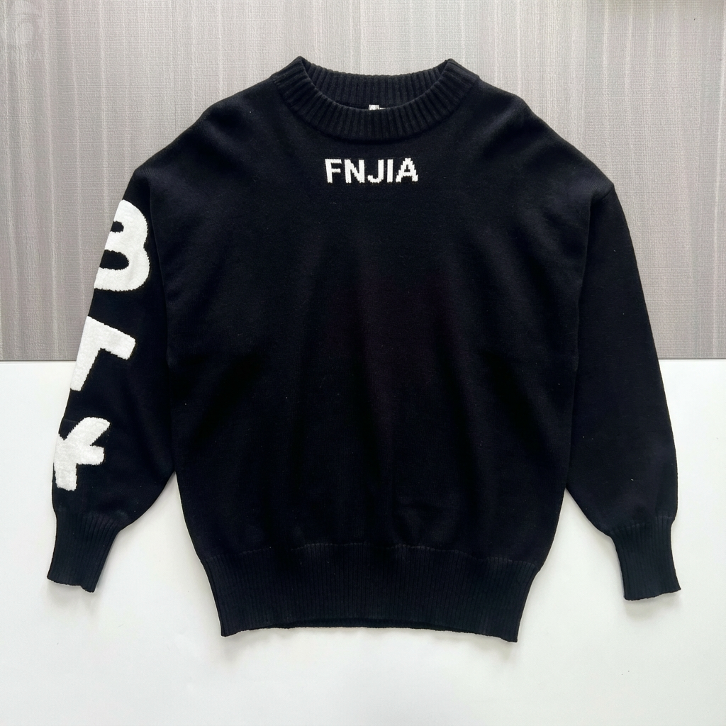 Женский черный вязаный свитер с графическим рисунком (круглый вырез горловины, яркие белые надписи)