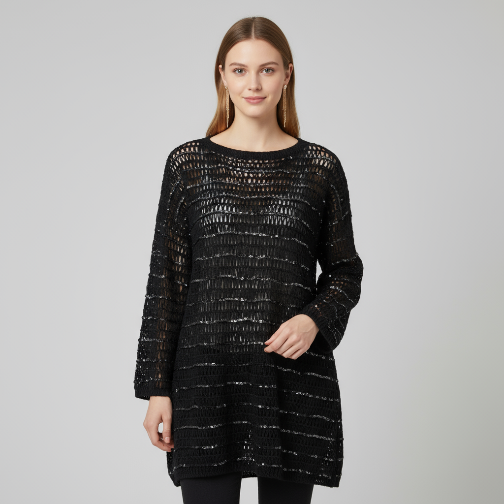 Женская черная вязаная туника в полоску с блестками (прозрачная ажурная ткань, круглый вырез горловины и рукав 3/4)