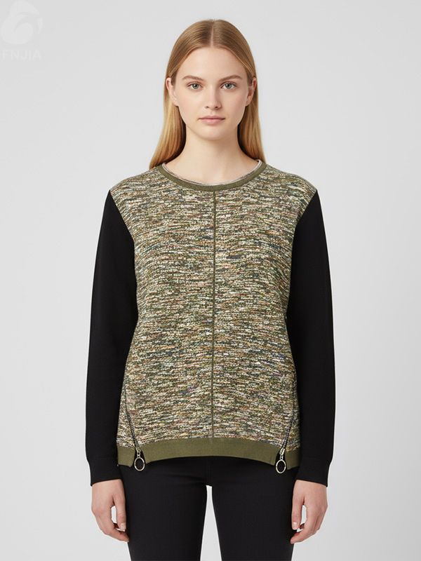 Женский вязаный топ из многоцветного твида (черная вставка на рукаве, застежка-молния)