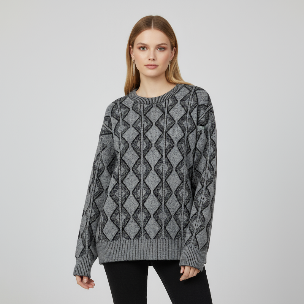 Женский серо-черный вязаный свитер с ромбовидным узором (укороченный крой)