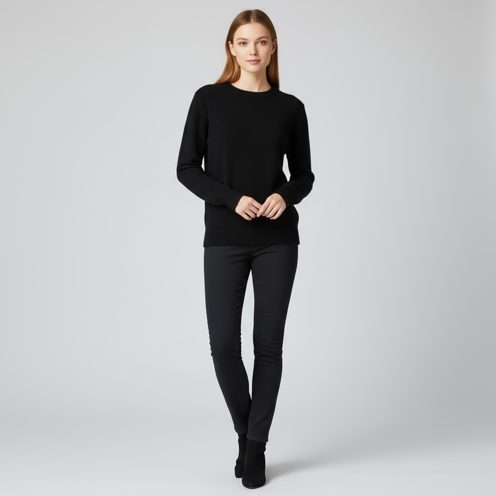 Женский черный вязаный свитер с круглым вырезом горловины (свободный крой, классический однотонный дизайн)