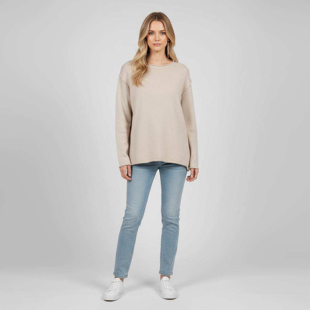 Женский бежевый свитер с круглым вырезом из трикотажа в рубчик (свободного кроя)