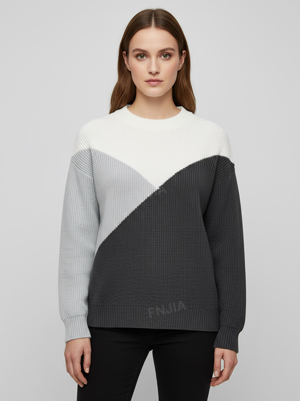 Женский трехцветный свитер крупной вязки (круглый вырез, свободный крой оверсайз)