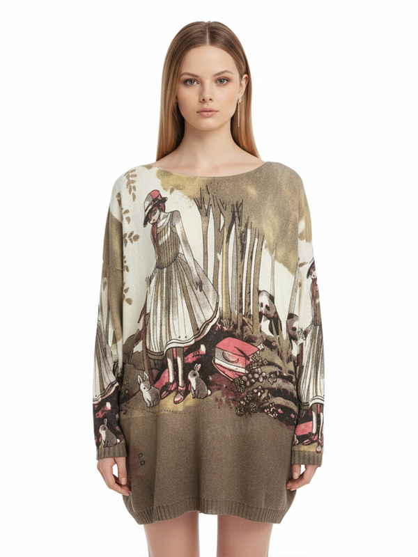 Женская вязаная туника с художественными иллюстрациями (дизайн в стиле фэнтези)
