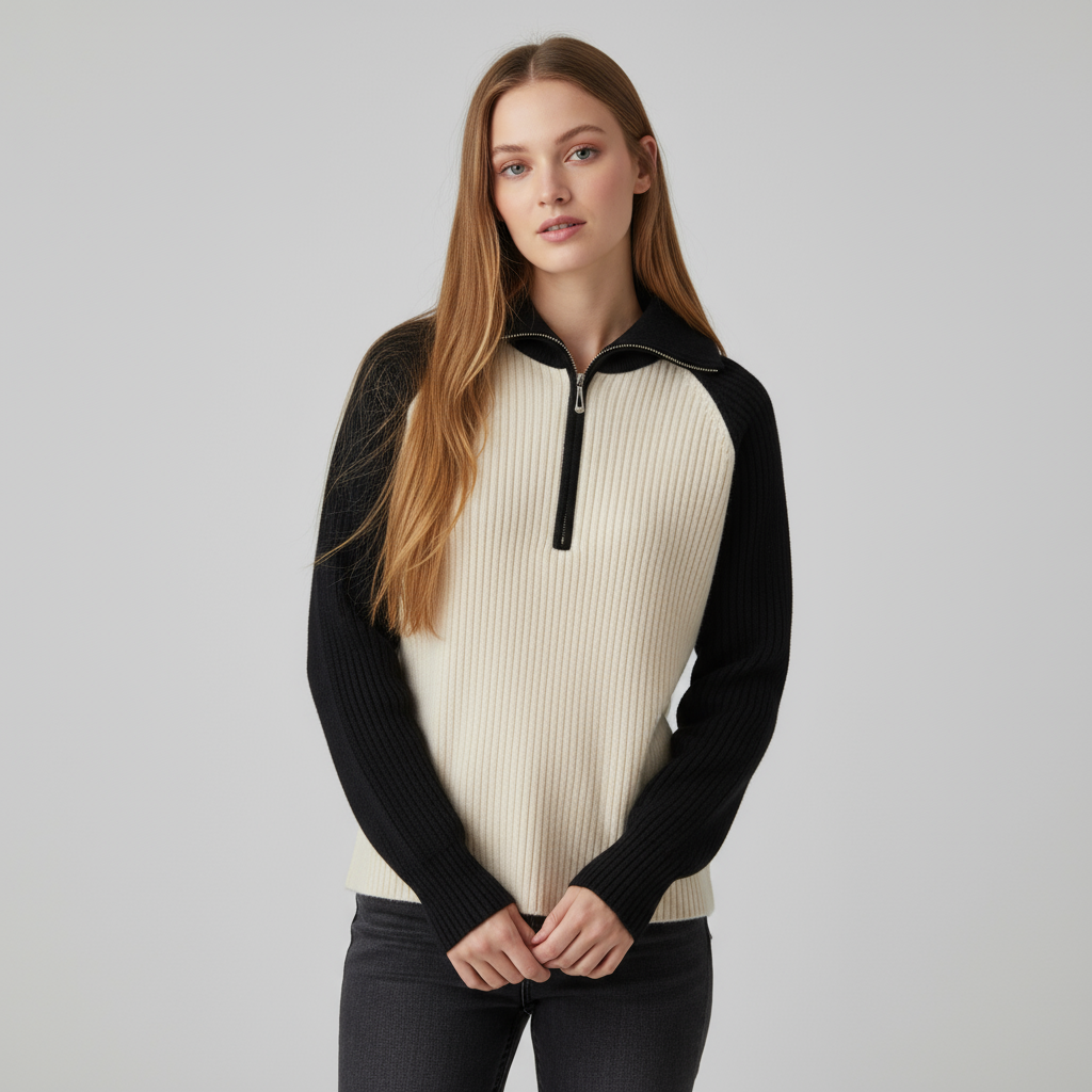 Женский бежево-черный контрастный свитер поло из трикотажа в рубчик с воротником-стойкой на молнии