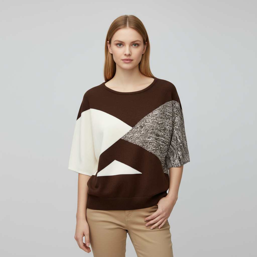 Женский вязаный топ коричневого и белого цветов с геометрическими узорами (короткий рукав)