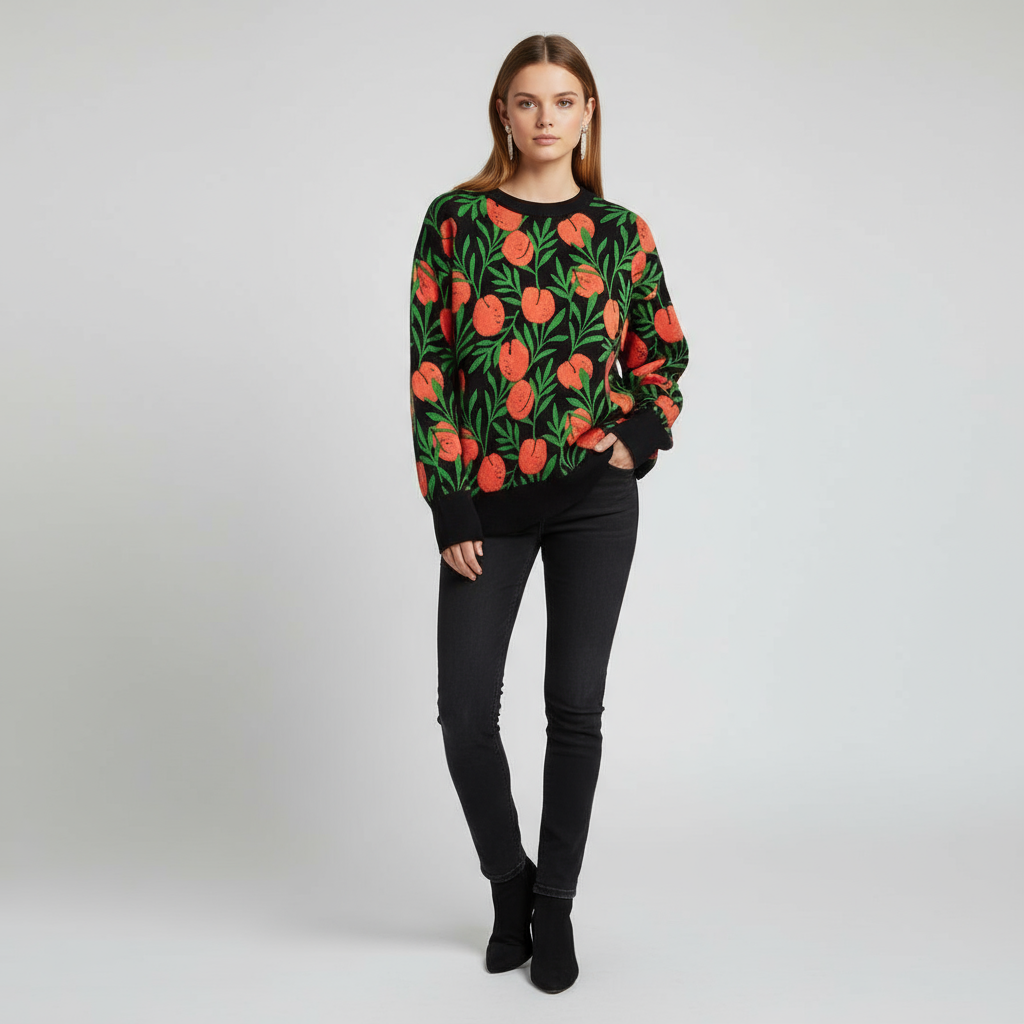 Женский вязаный свитер черного цвета с цветочным узором (кораллово-зеленый ботанический узор)