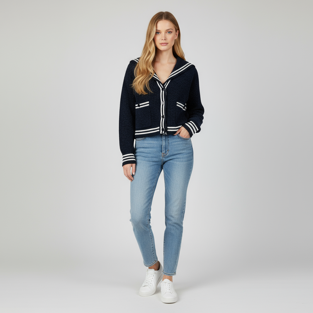 Женский укороченный вязаный кардиган с темно-синим матросским воротником и контрастными полосками