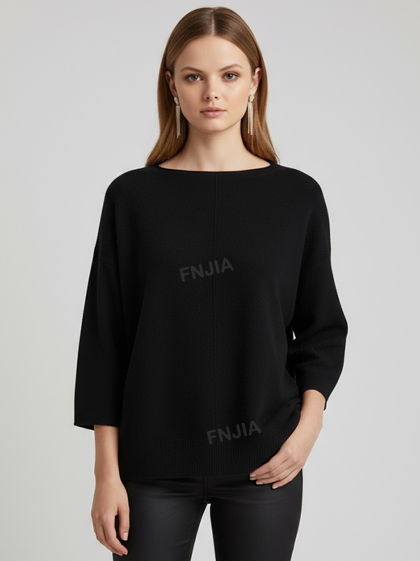 Женский черный вязаный свитер с вырезом лодочкой (оверсайз, рукав 3/4)