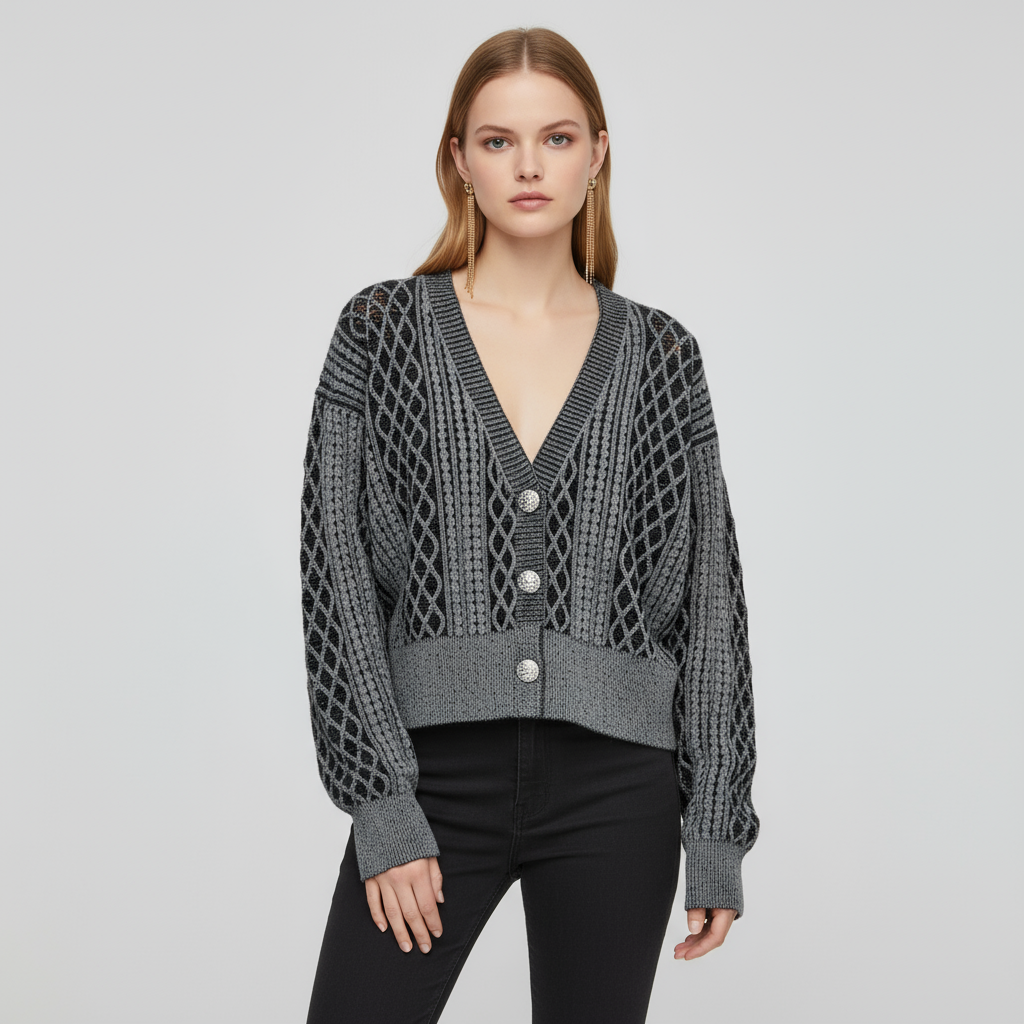 Женский укороченный вязаный кардиган с V-образным вырезом и серо-черными ромбами