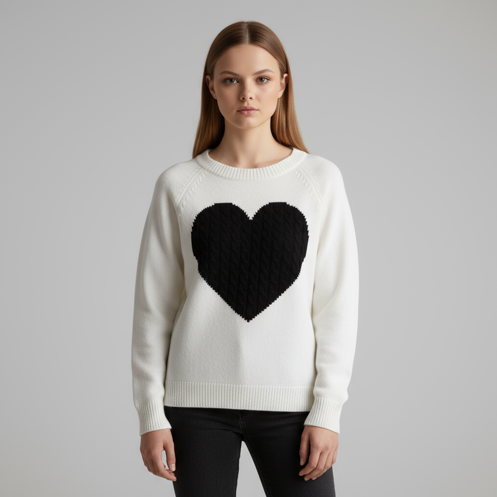 Женский бело-черный вязаный свитер с сердечками (круглый вырез, свободный крой)