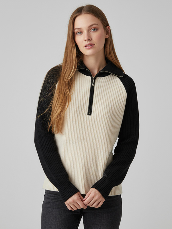 Женский бежево-черный контрастный свитер поло из трикотажа в рубчик с воротником-стойкой на молнии