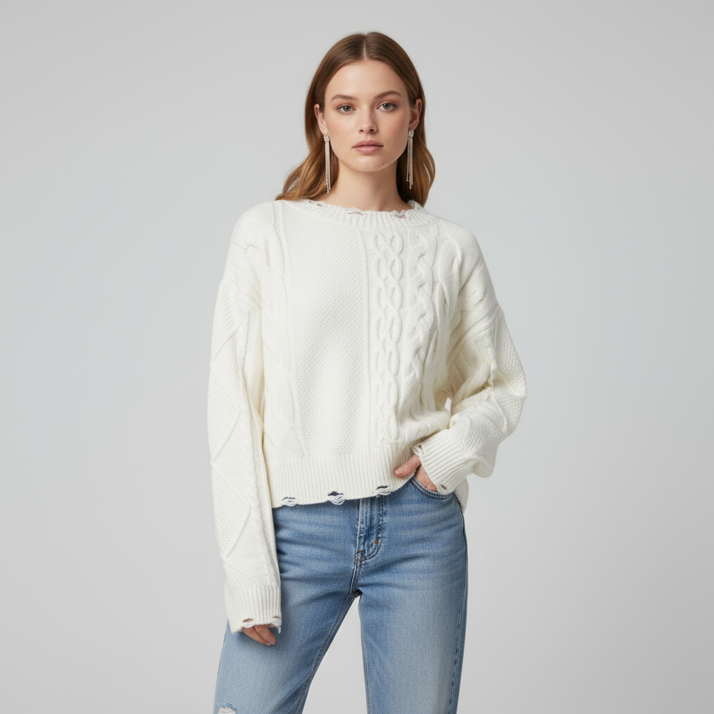 Женский свитер крупной вязки цвета слоновой кости (Оверсайз, низ с потертой бахромой)