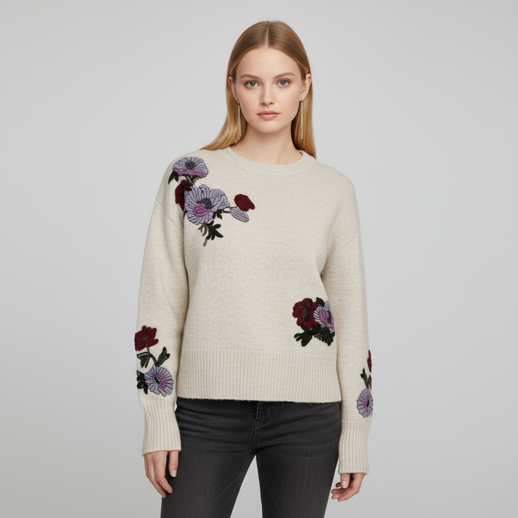 Женский бежевый вязаный свитер с цветочной вышивкой (фиолетово-красный мотив)