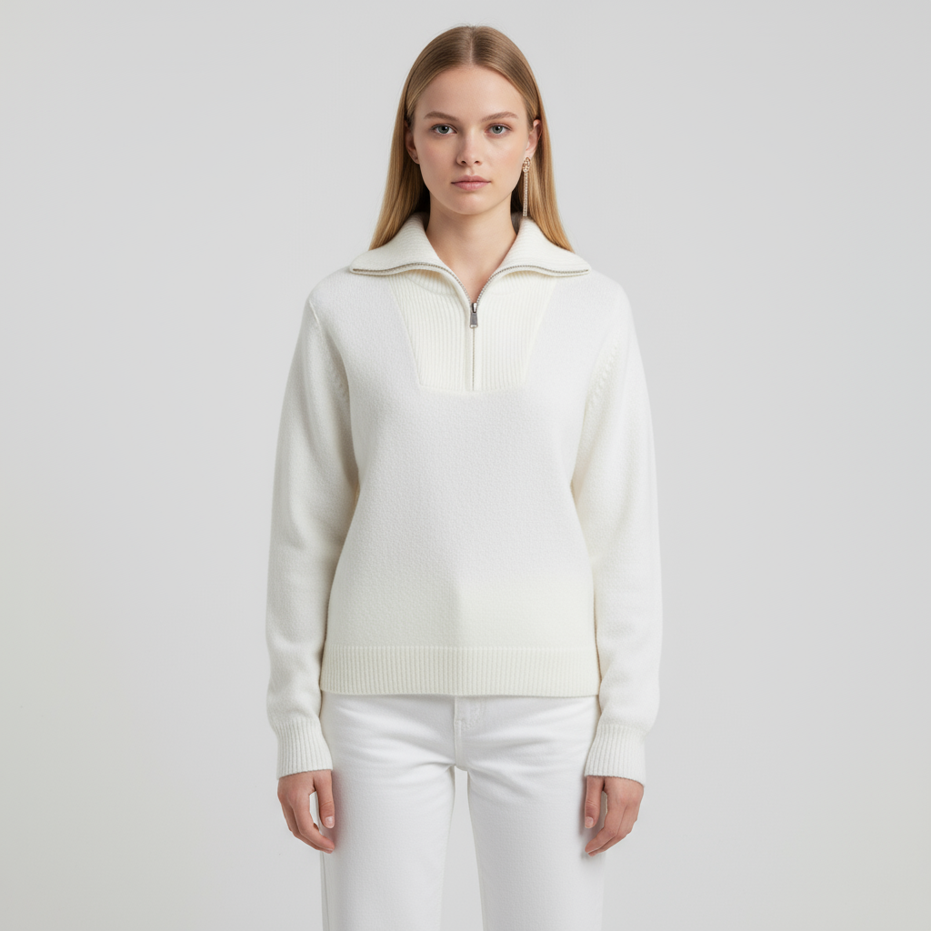 Женский свитер поло из трикотажа в рубчик цвета слоновой кости с воротником-стойкой на молнии