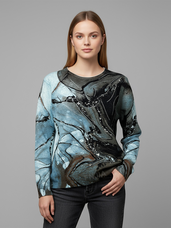 Женский вязаный свитер с мраморным узором и украшениями из блесток и бисера