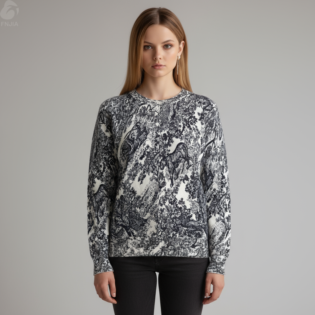 Название продукта: Женский черно-белый вязаный кардиган с принтом лесных животных