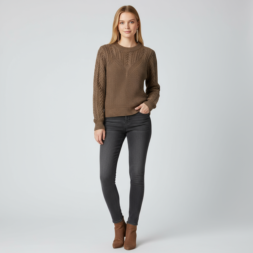 Женский коричневый вязаный свитер с круглым вырезом горловины (текстурированный узор)