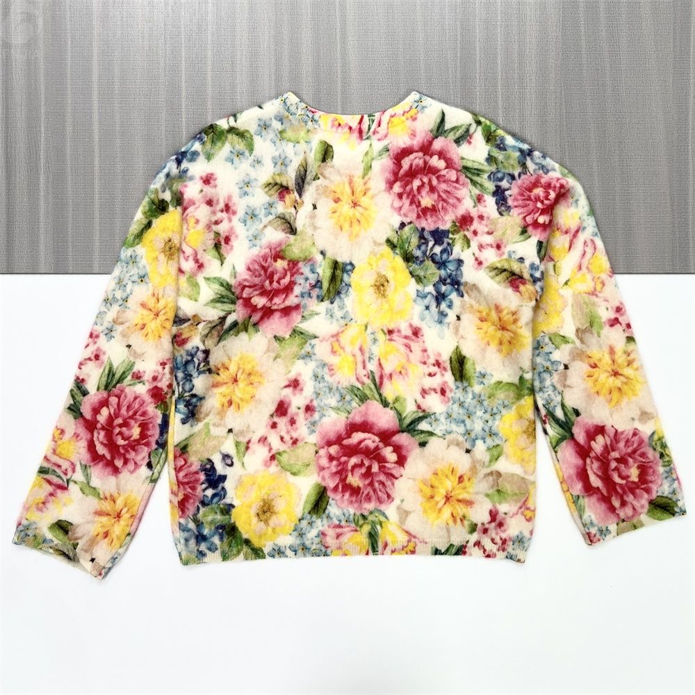 Женский вязаный топ из флиса с цветочным принтом и длинными рукавами (яркий узор в виде пионов)