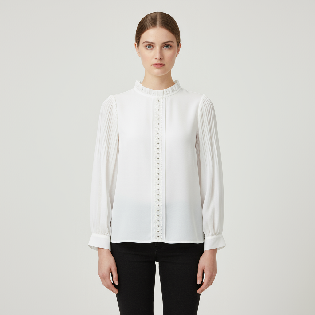 Женская белая блузка с оборками и имитацией шеи, плиссированными рукавами и заклепками
